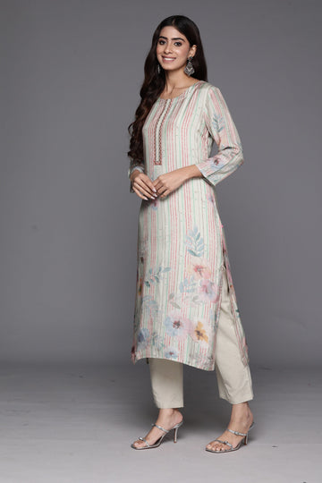 Varanga Women Olive Stripe And Floral Printed Straight Kurta With Bottom And Embroidered Dupatta